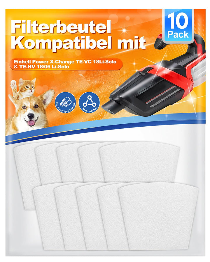 10er Staubsaugerfilter Ersatzbeutel kompatibel mit Einhell Power X-Change TE-VC 18 Li-Solo & TE-HV 1