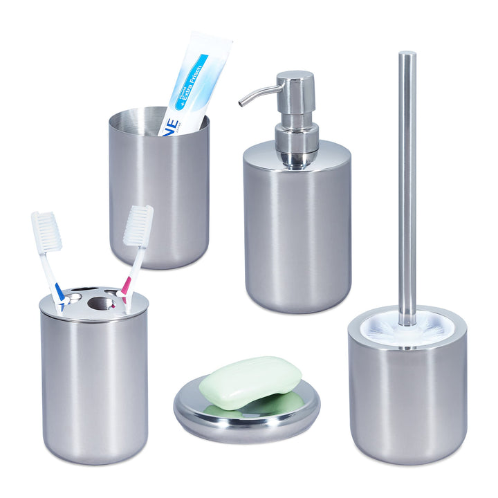 Relaxdays Badezimmer Set, 5-teilig, Badaccessoires Edelstahl poliert, komplette Badezimmerausstattun