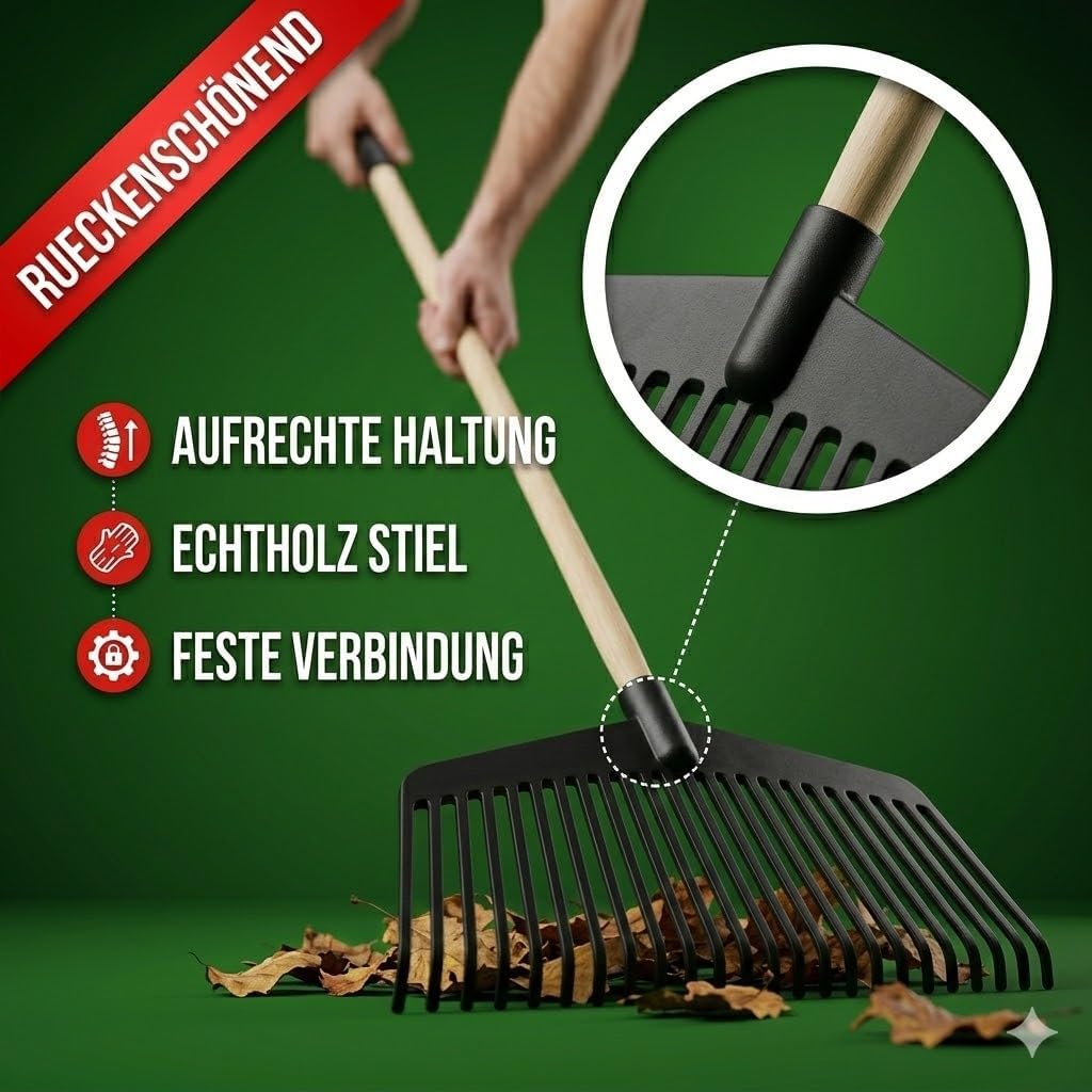 Laubbesen mit Stiel 150cm – Unzerbrechlicher Fächerbesen aus Polyamid – 21 Zinken Laubrechen für Gar