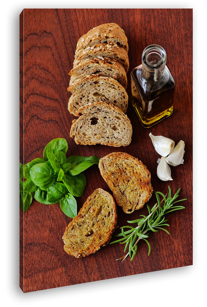 deyoli mediterranes Oliven Öl mit Brot Format: 100x70 als Leinwandbild, Motiv fertig gerahmt auf Ech