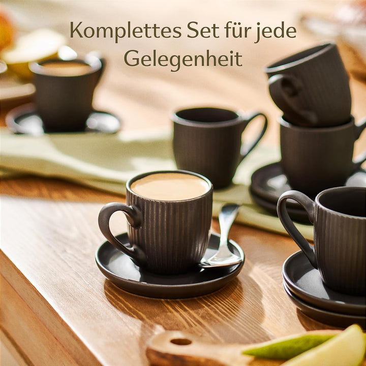 Cosumy Espressotassen Schwarz Matt mit Untertassen 6er Set - 90ml - Streifenmuster Keramik - Spülmas