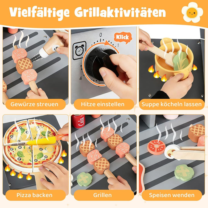 COSTWAY Barbecue Kindergrill, Grillspielzeug mit Grillbesteck & Spiel-Lebensmitteln, Matschküchemit
