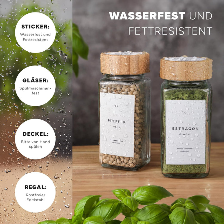 Havenhaus Gewürzregal Set Edelstahl | Gewürzregal stehend inkl. 24 Gewürzgläser+ 336 Gewürzetiketten