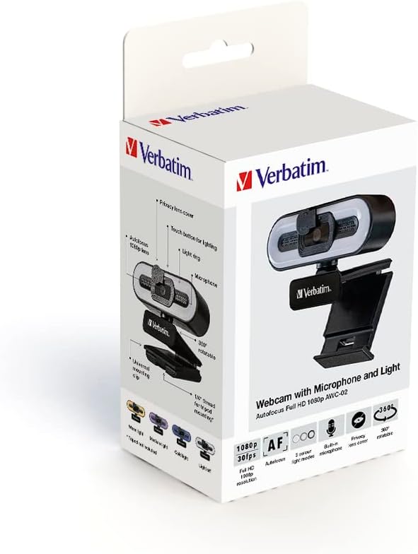 Verbatim Webcam mit Mikrofon und Beleuchtung, externe Kamera für Computer oder Laptop mit Full HD 10