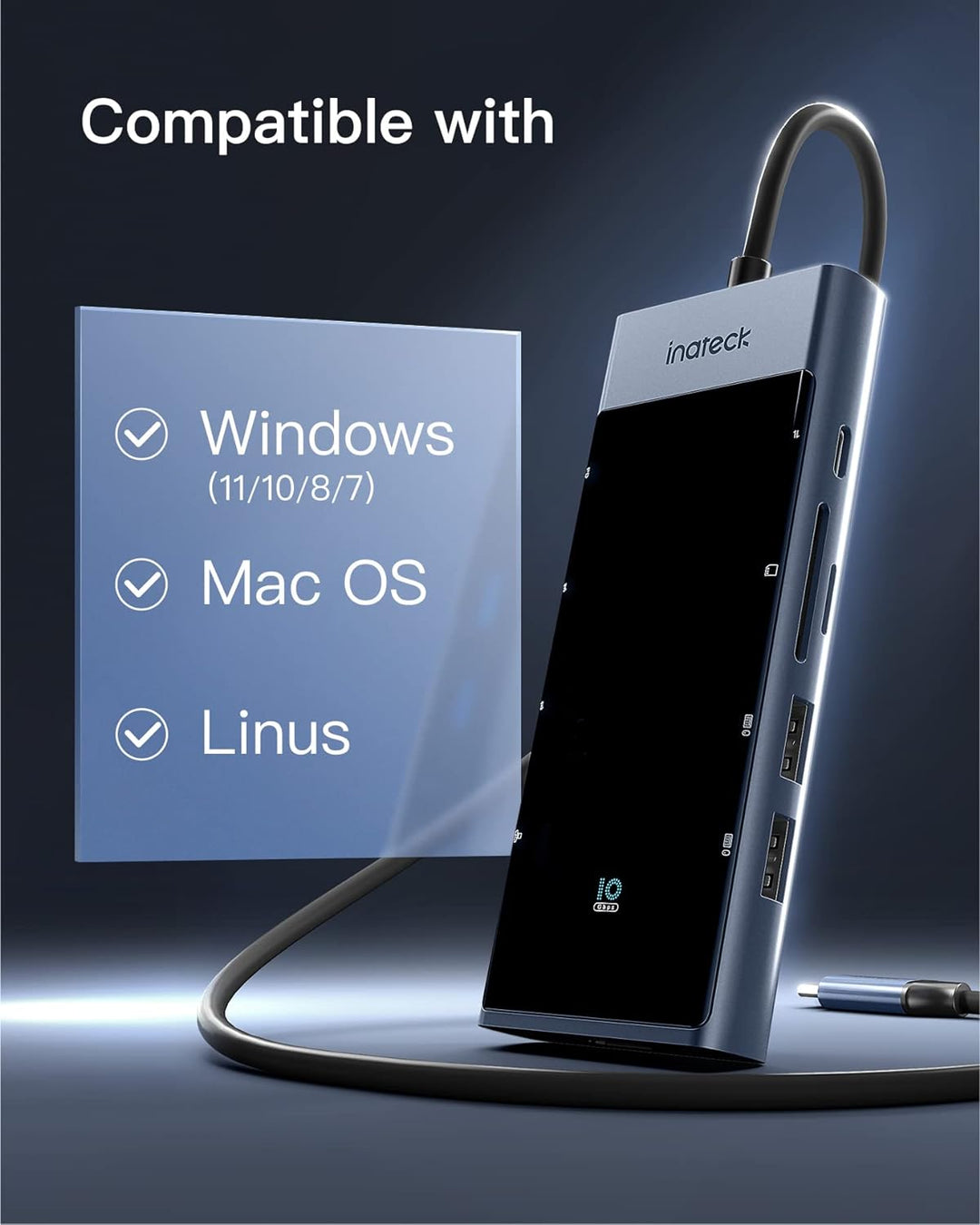 Inateck USB C Hub mit 10 Anschlüssen, USB 3.2 Gen 2 Geschwindigkeit, 50 cm Kabel, HB2026