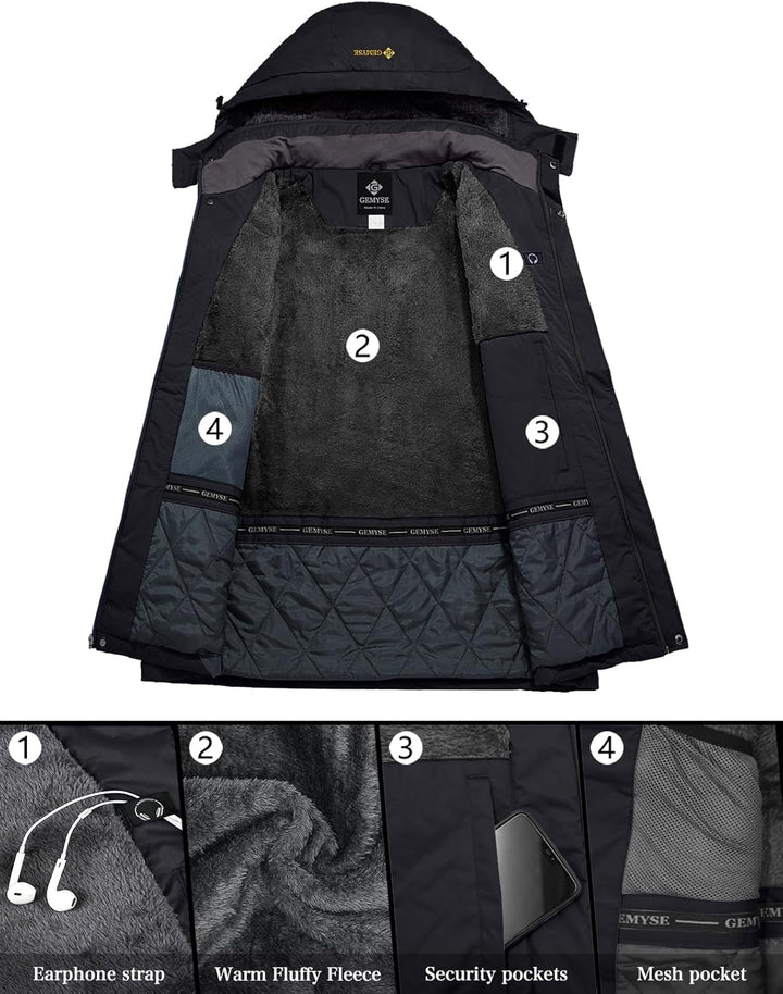 GEMYSE Herren Wasserdichte Berg-Skijacke Winddichte Fleece Outdoor-Winterjacke mit Kapuze S Schwarz,