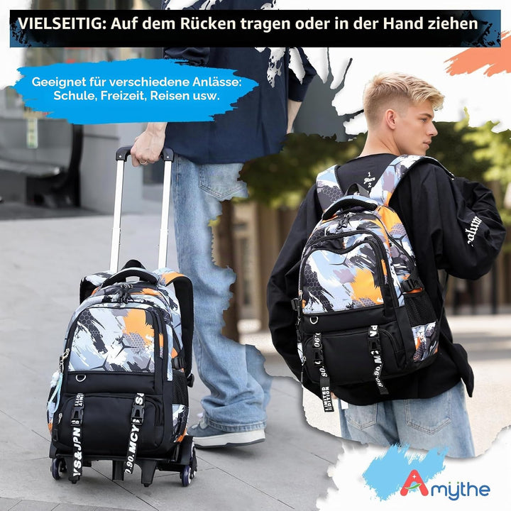 Amythe Schulrucksack Trolley für Jungen, Schulranzen mit Rollen für Kinder Teenager, Modischer Schul