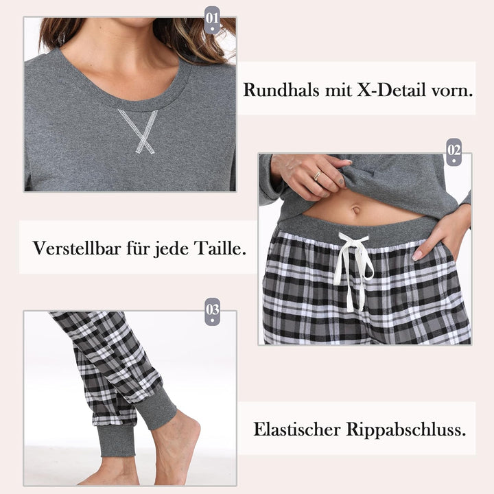 Mnemo Schlafanzug Damen 100% Baumwolle Bequemer Pyjama Damen Baumwolle mit Karomuster S Grau & Schwa