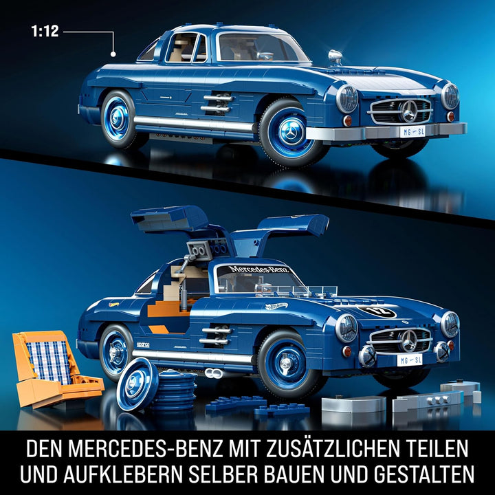 Mattel Brick Shop Hot Wheels Premium Serie Bauset, Mercedes-Benz 300 SL mit 1600 Teilen, realistisc