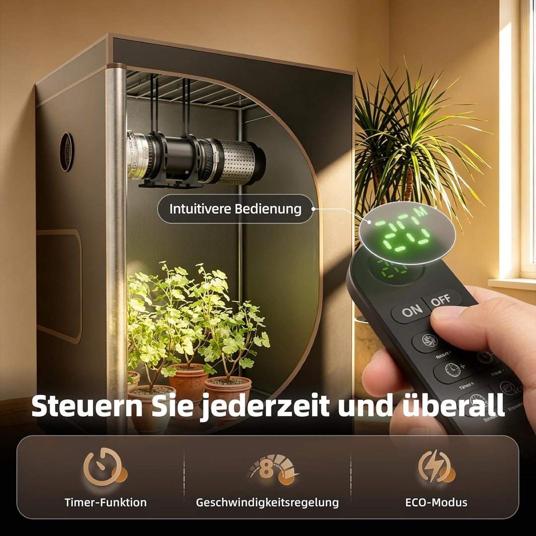 100 mm Rohrventilator mit Timer, 8 Stufen Rohrlüfter 310 m³/h, mit Überhitzungsschutz, Inline Abluft