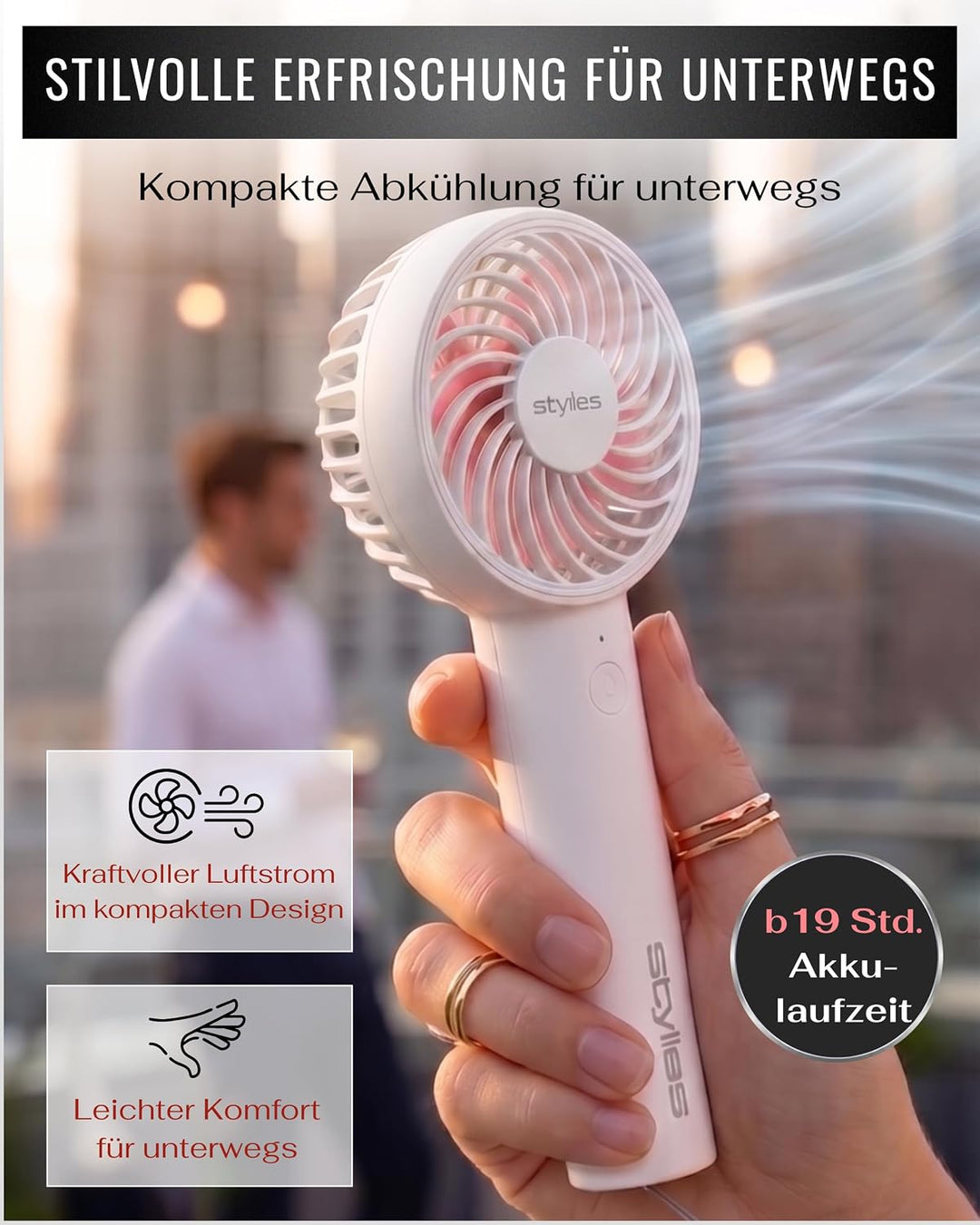 Lacerta Mini Ventilator hand Handventilator Akku aufladbar USB Rosa | Akkuventilator mit USB-Ladung,