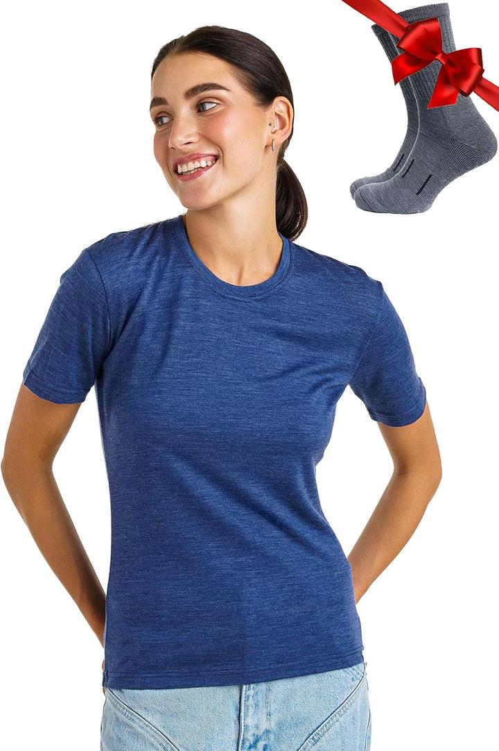 Merino.tech 100% Merino T Shirt Damen - Merinowolle Sport Wandern Thermoshirt Damen + Wandersocken W