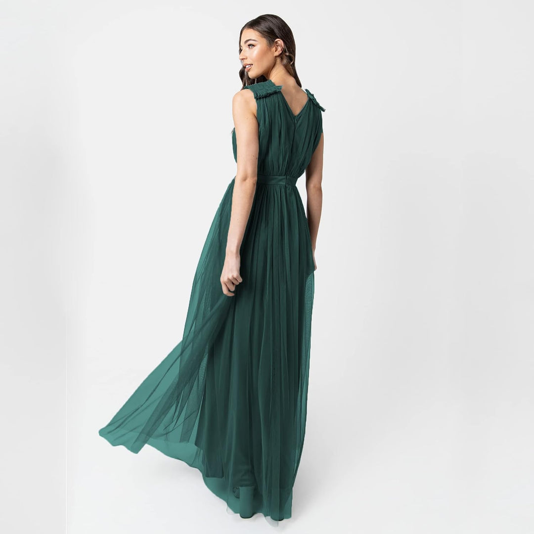 Maya Deluxe Damen Womens Ladies Maxi Dress with Ruffle V Neck Sleeveless High Empire Waist Long for