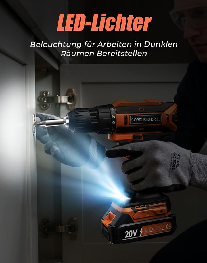 Akkuschrauber, 20V Akku Bohrschrauber, 25+1 Drehmomentstufen Akkubohrer, 42Nm Max Drehmoment, LED-Li