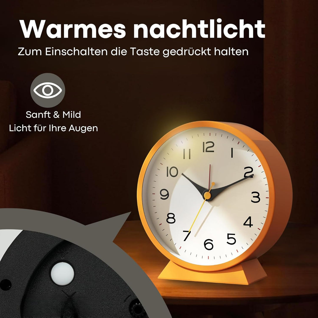 Tyme Wecker Analog, Ohne Ticken, Analog Tischuhr Nachttischuhr Alarmwecker, Modischer Runder Metall