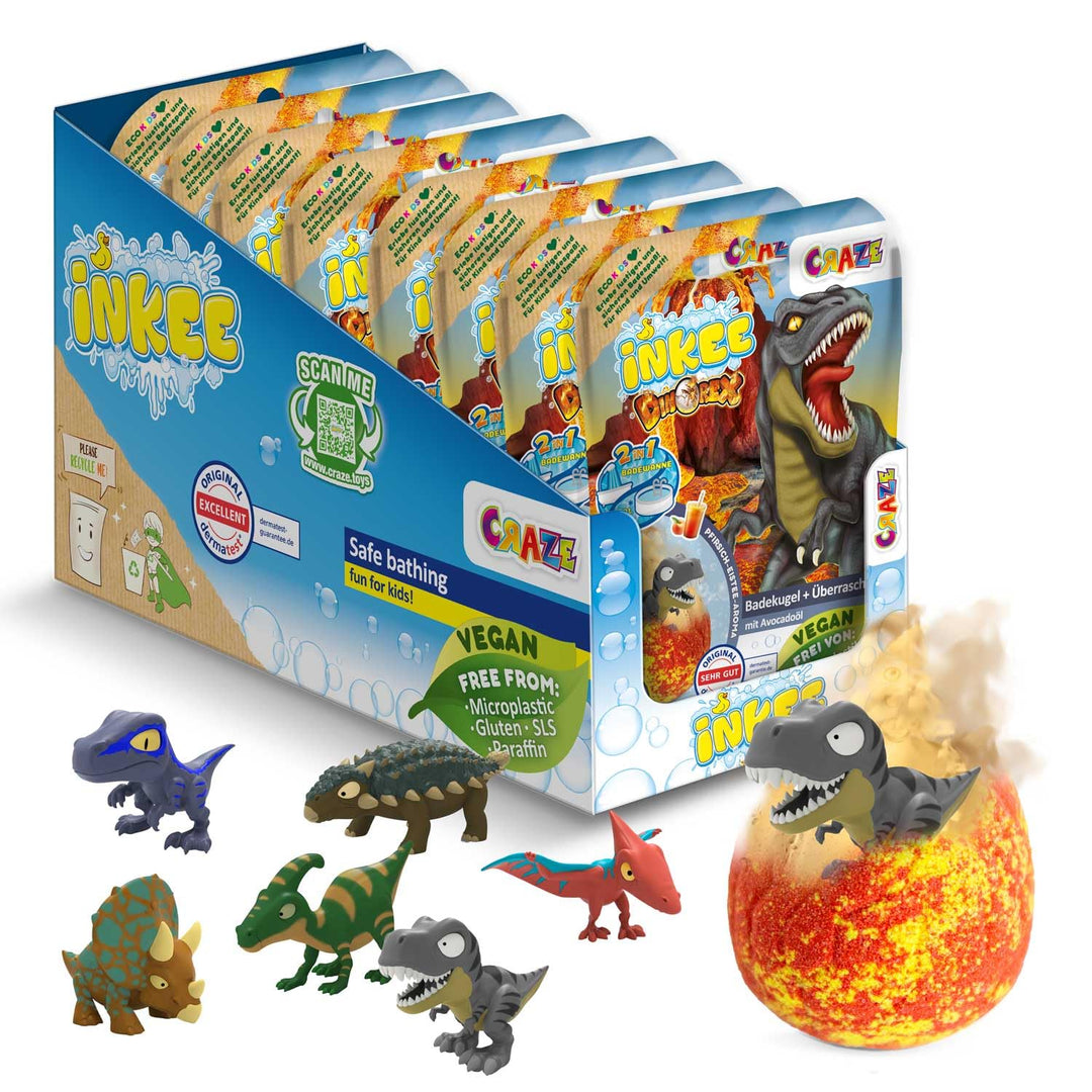 INKEE Surprise Dino 8er Set | Badekugeln Kinder mit Überraschung, 8x Ei-Form Badebomben mit Dinosaur