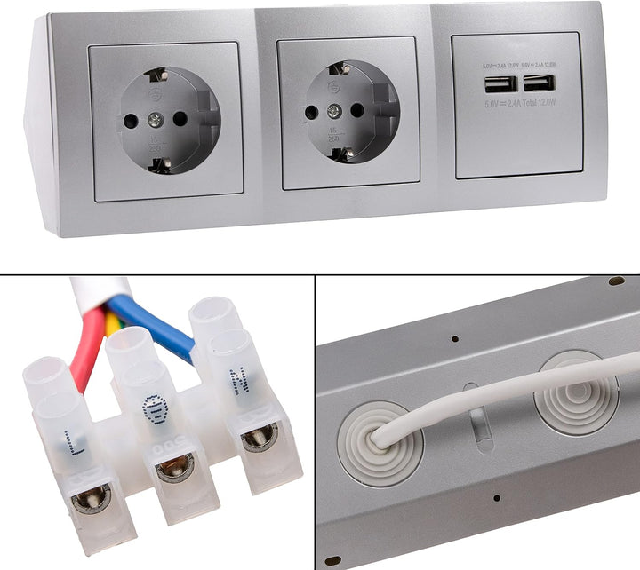 Eck-Steckdose Aufbaumontage, 2-Fach Schuko, 2X USB, 15 cm Anschlusskabel und Lüsterklemme für Küchen