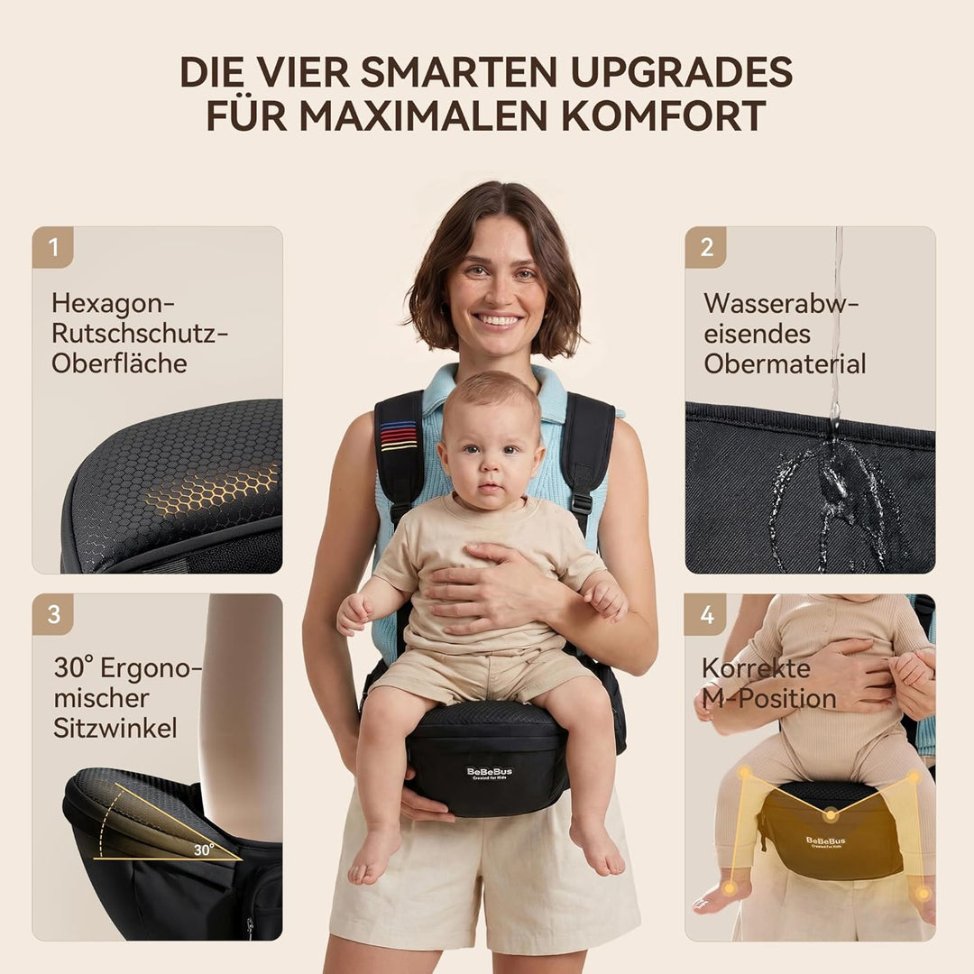 Babytrage mit Hüftsitz – Stufenloser Hüftgurt Drehmechanismus für festen Halt, verbessertes Y-Design