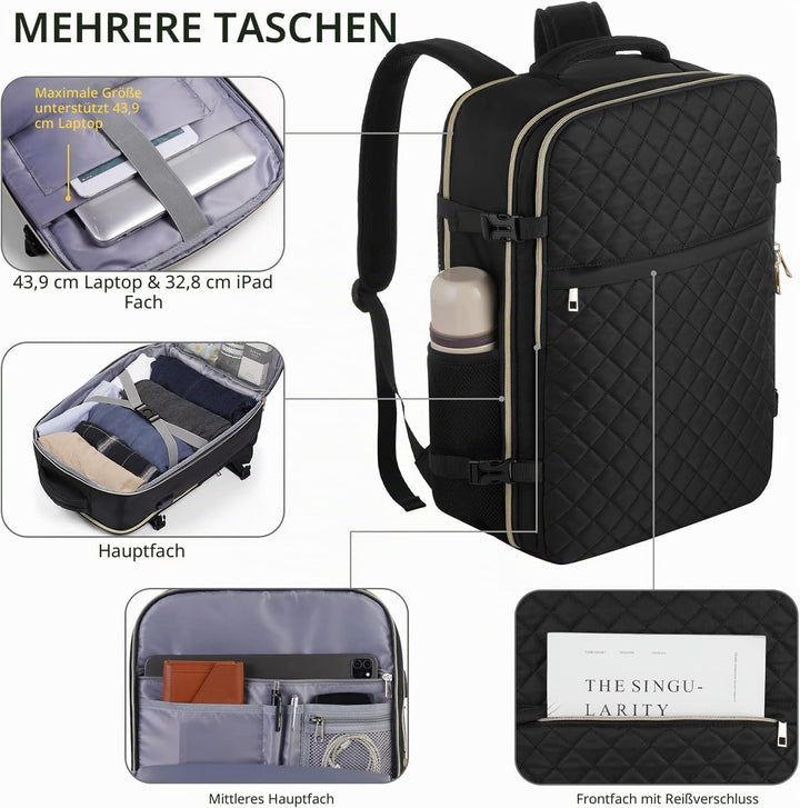 Reiserucksack, Rucksack Handgepäck Flugzeug, Ryanair Handgepäck 46x31x20, mit 17.3 Zoll Laptopfach u