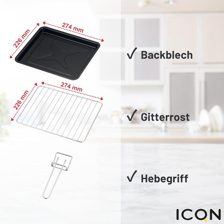 ICQN Kompakter Minibackofen 15 Liter, 1200W, 60 min-Timer, 3 Kochfuntionen, 90°-230°C, Kleiner Campi