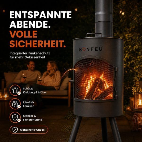 BonFeu Bongiano SP Schwarz - Terrassenofen - Feuerstelle mit Funkenschutz für entspannte Abende - Fe