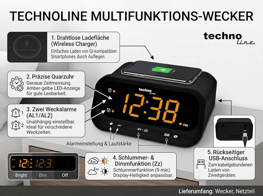 Technoline digitaler Wecker mit kabelloseser Ladefunktion Schwarz 158 x 75 x 116 mm