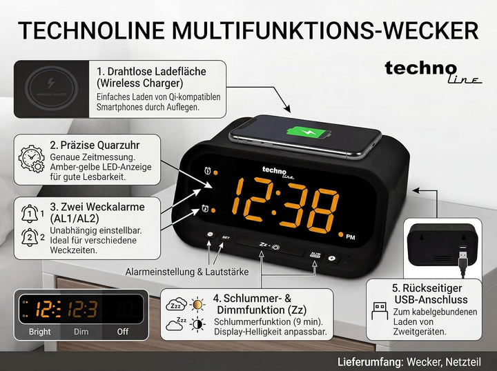 Technoline digitaler Wecker mit kabelloseser Ladefunktion Schwarz 158 x 75 x 116 mm