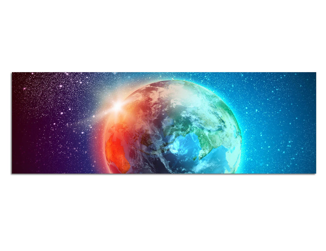 Paul Sinus Art Panoramabild auf Leinwand und Keilrahmen 150x50cm Weltraum Erde Sterne Sonnenaufgang