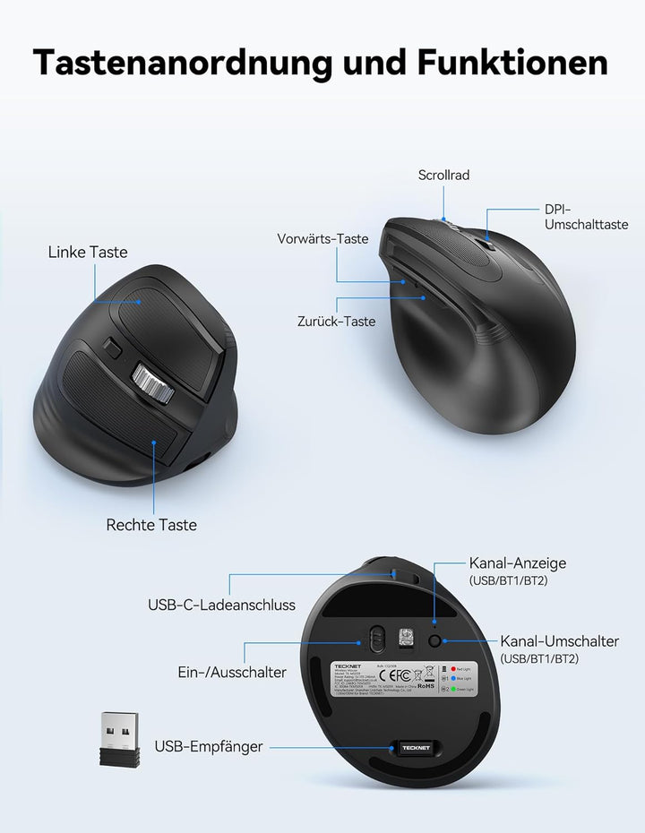 TECKNET Ergonomische Maus Bluetooth, 2.4G Wiederaufladbare Kabellos Vertikale Maus mit 4800 DPI, 3 G