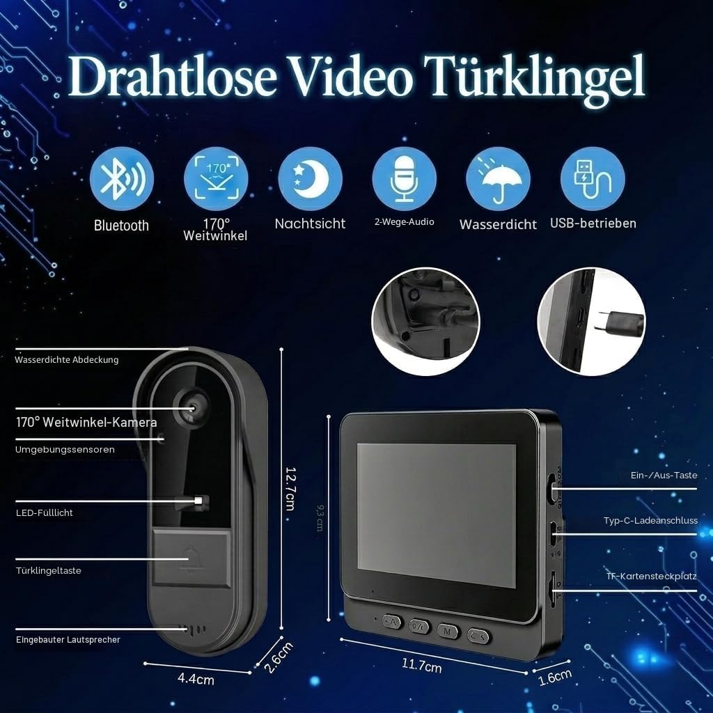 Kabellose Video Türklingel mit 4,3 Zoll Monitor, 1080P Kamera Set &amp; 170° Sicht, Nachtsicht, 2-Wege A