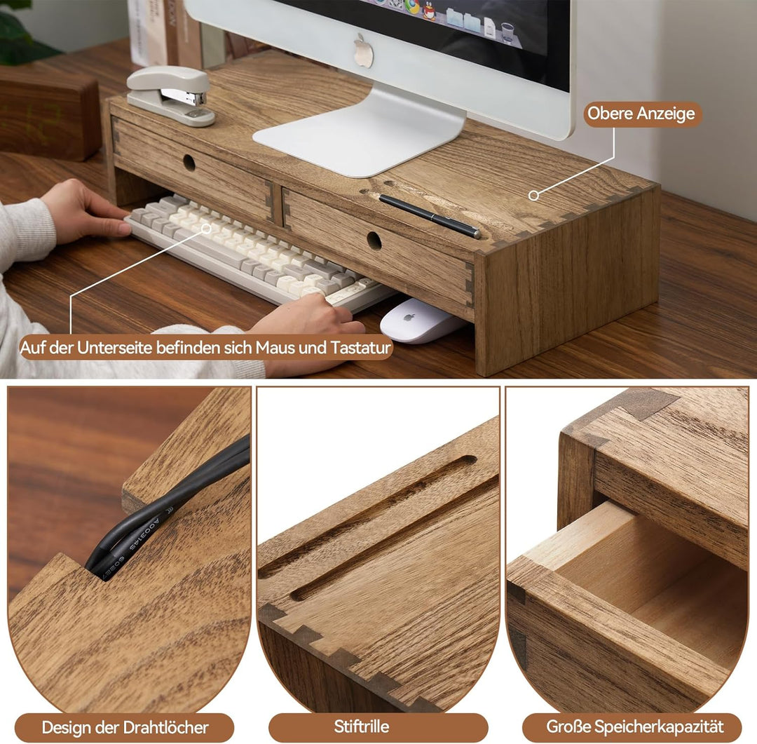 KIRIGEN hölzerner Monitorständer mit 2 Schubladen Computer Desktop Storage Organizer Lautsprecher TV