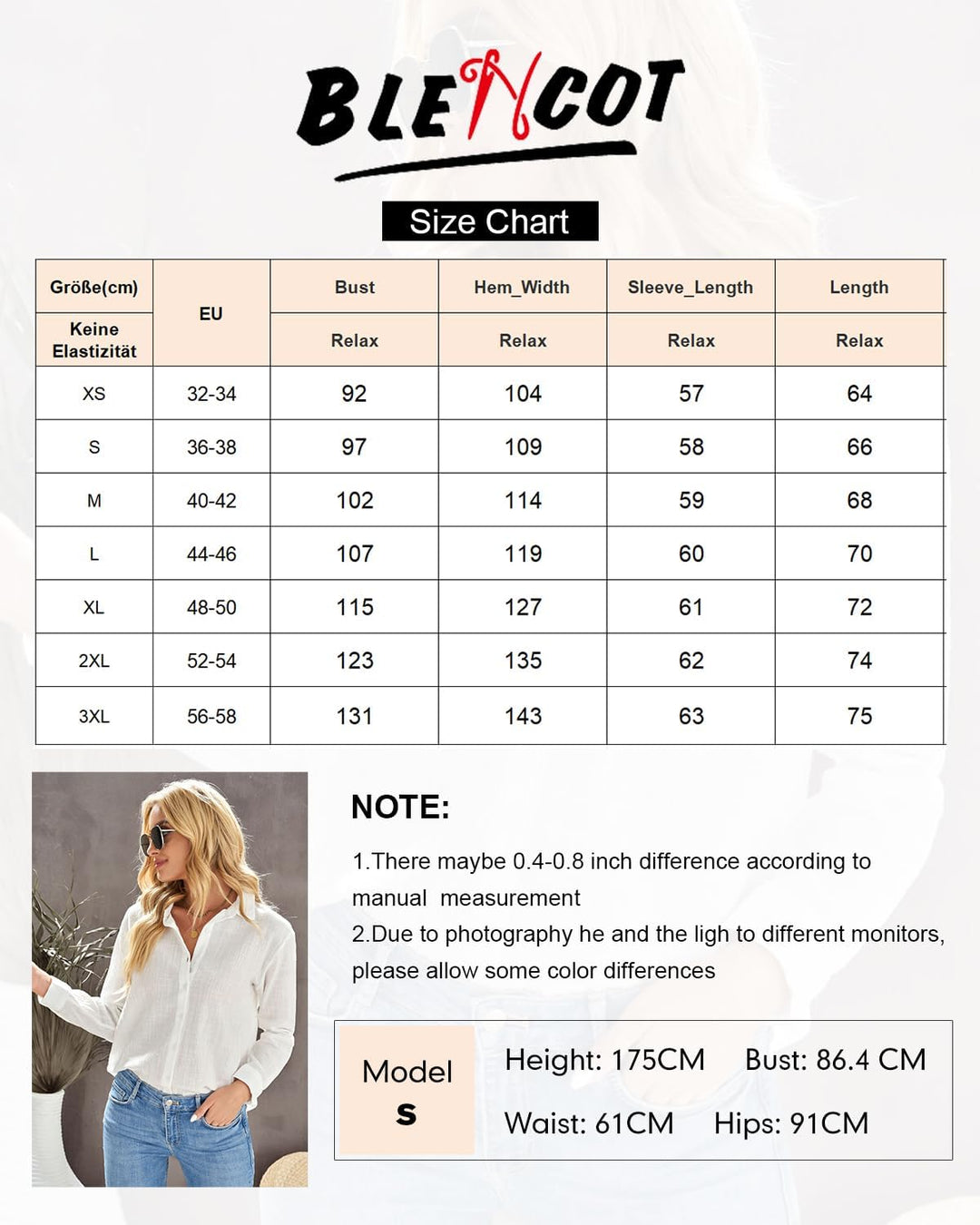 BLENCOT Damen Bluse Langarm Hemden Casual V-Ausschnitt Roll Up Ärmel Button Down Blusen Tops S Grün-