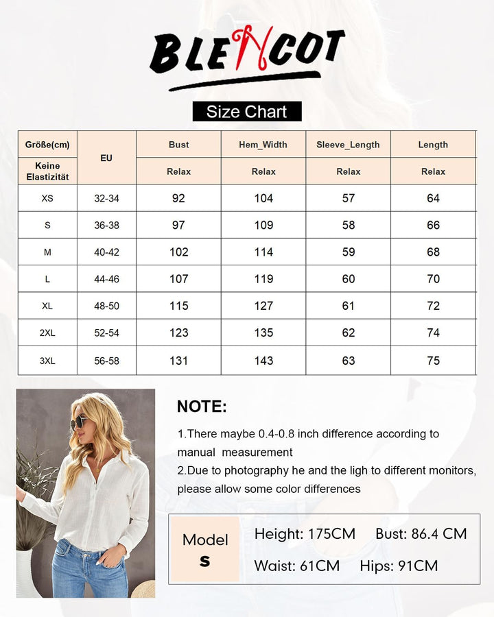 BLENCOT Damen Bluse Langarm Hemden Casual V-Ausschnitt Roll Up Ärmel Button Down Blusen Tops S Grün-