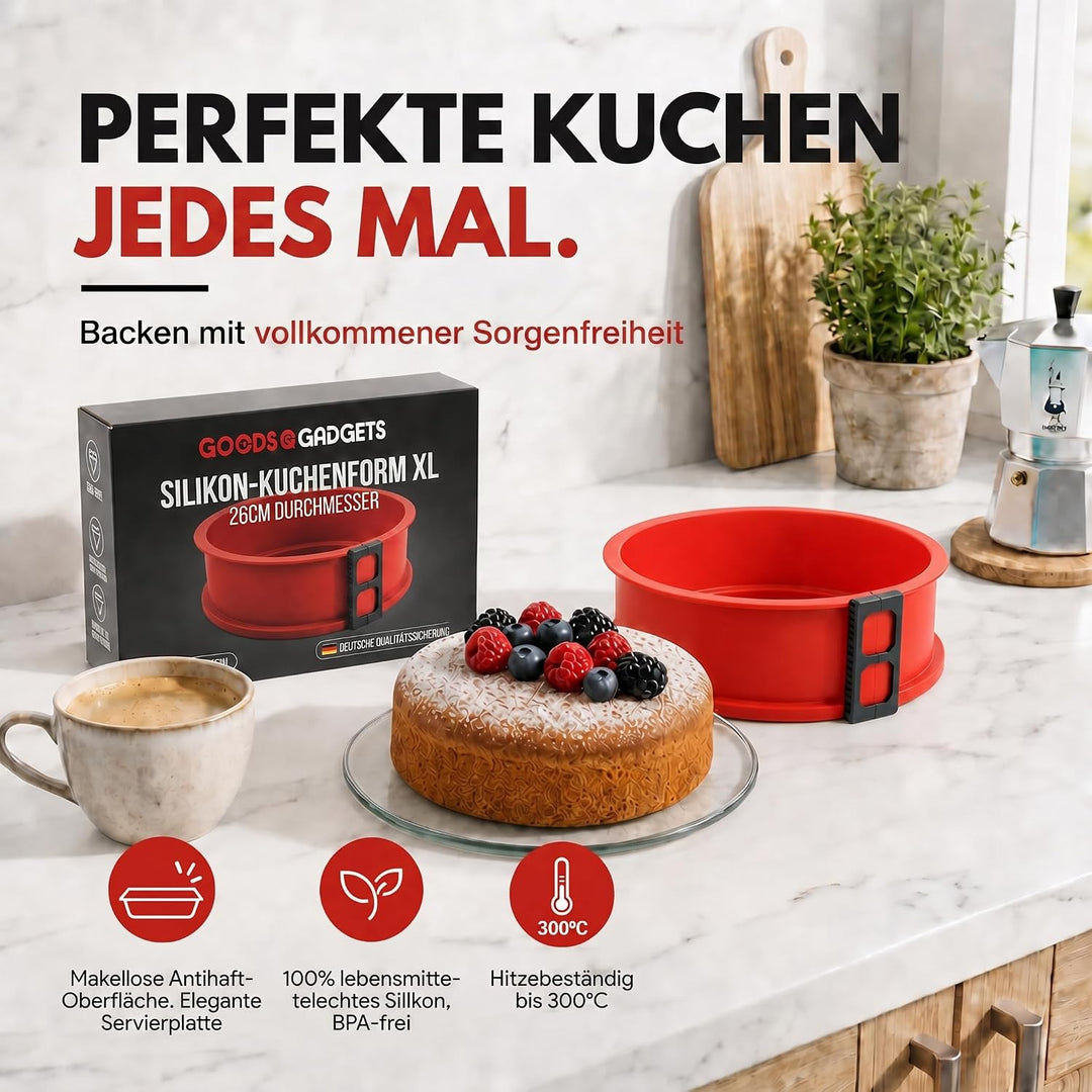 GOODS+GADGETS Silikon Springform Antihaftbeschichtete Kuchen Backform (Silikonform mit Glasboden), R