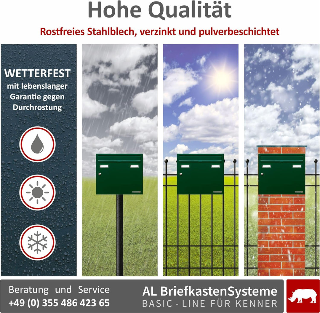 AL Briefkastensysteme Basic 4er Briefkasten RAL 6005 Moos Grün 4 Fach DIN A4 wetterfest Briefkastena