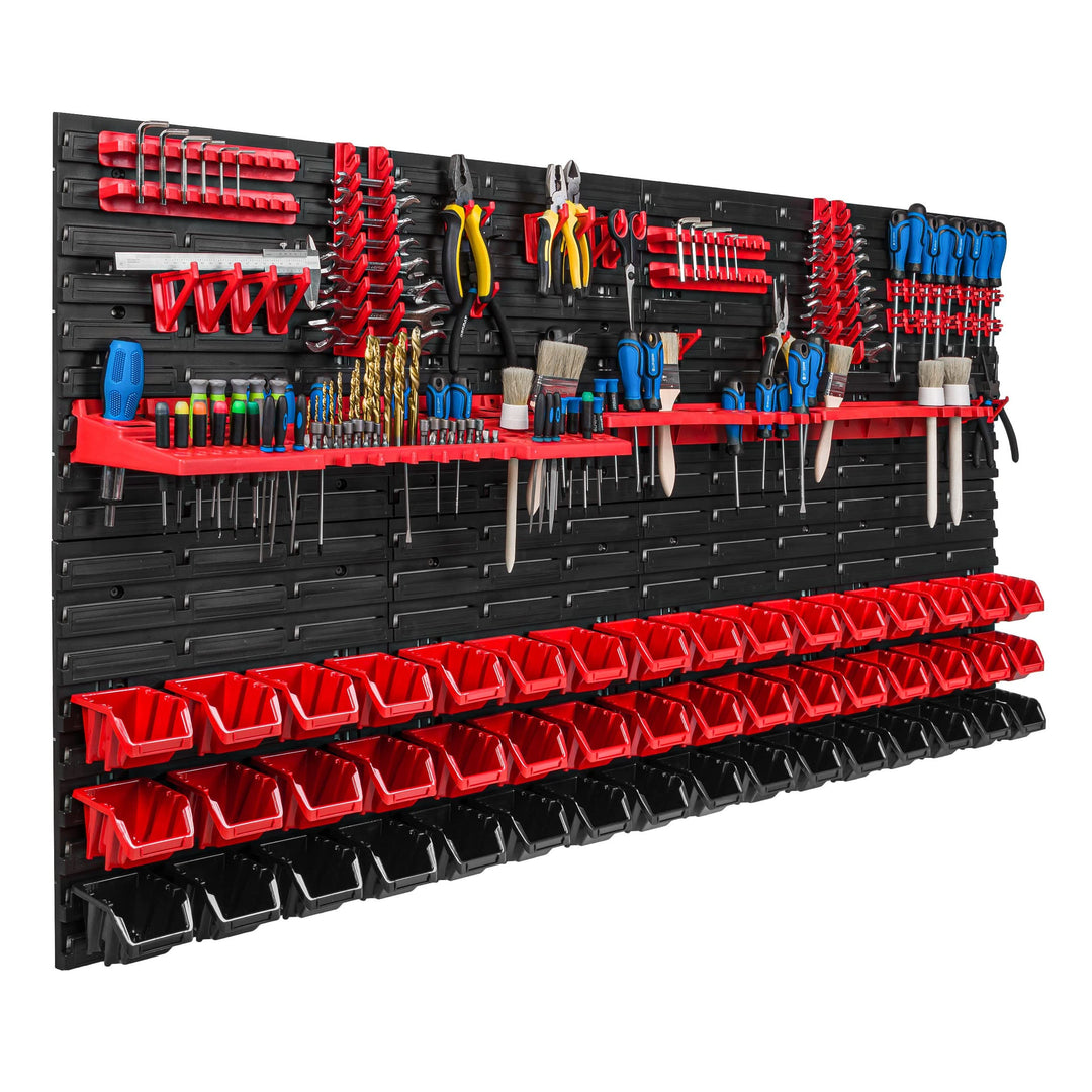 Lagersystem Werkstattregal | 156 x 78 cm | 48 stck. Box | Wandregal mit Werkzeughalterungen und Stap