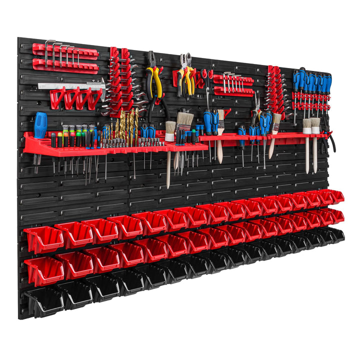 Lagersystem Werkstattregal | 156 x 78 cm | 48 stck. Box | Wandregal mit Werkzeughalterungen und Stap