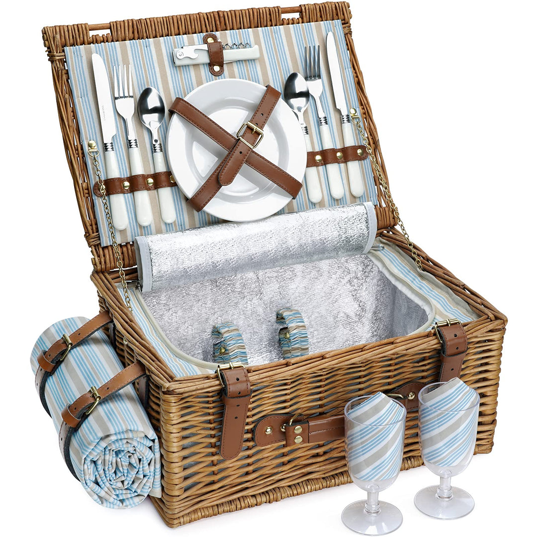 Picknickkorb Set für 2 Personen, Weidenkorb mit grossem isoliertem Kühlfach, wasserdichter Decke und