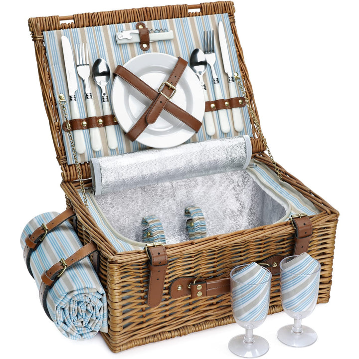 Picknickkorb Set für 2 Personen, Weidenkorb mit grossem isoliertem Kühlfach, wasserdichter Decke und