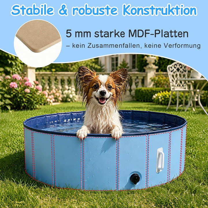DEWEL Hundepool Faltbar Ø80 x H30 cm für kleine Hunde | 5 mm verstärkte MDF-Struktur, Ideal zur Abkü