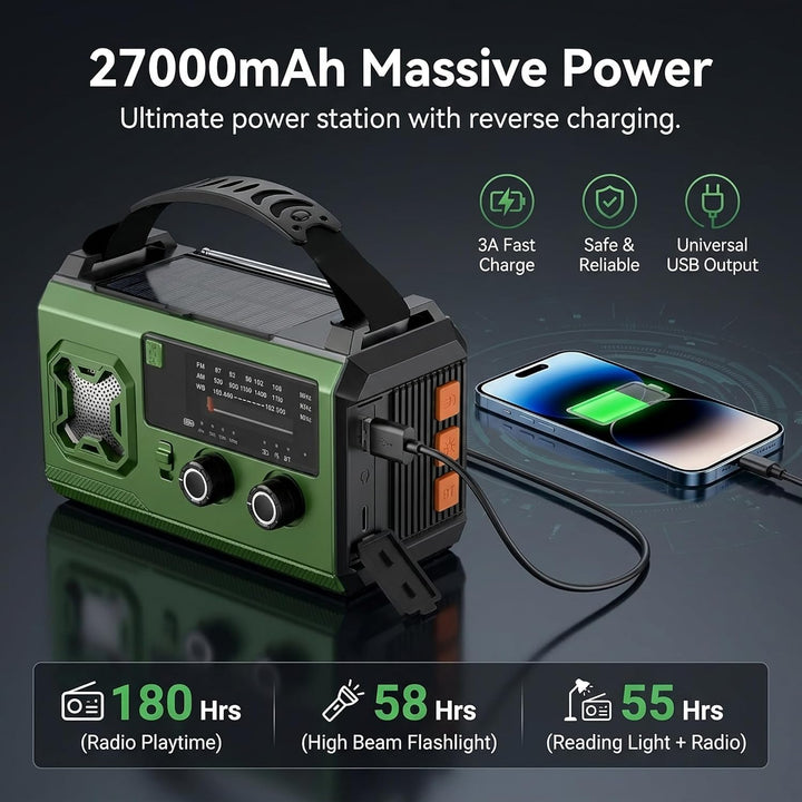 27000mAh Kurbelradio Notfallradio mit Solar & Powerbank: AM/FM Solarradio, Handkurbel, SOS, Taschenl