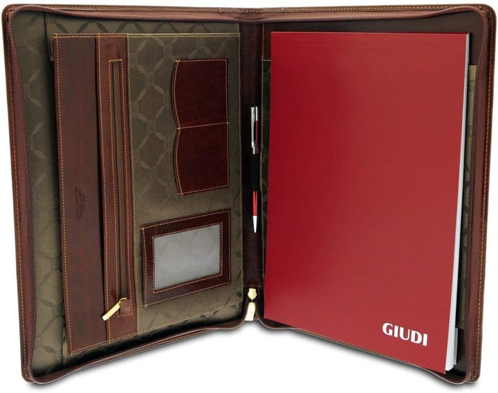 GIUDI ® - Leder-Unterarmtasche aus echtem Rindsleder, Made in Italy, Notizblock, Stiftehalter, braun