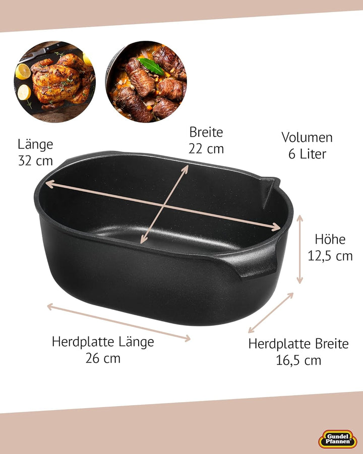 Set Original Gundel GUSS BRÄTER mit Glasdeckel Gigante klein INDUKTION, 32 x 22 x 12,5 cm, Gussbräte
