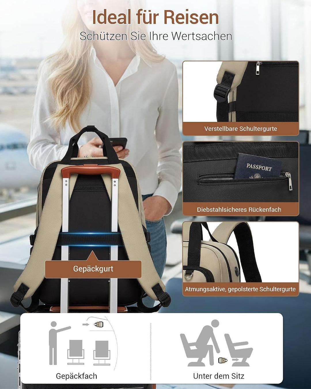 KONO Rucksack Damen 15,6 Zoll Laptop Rucksack Damen, Schulrucksack Elegant, Business Daypack mit vie