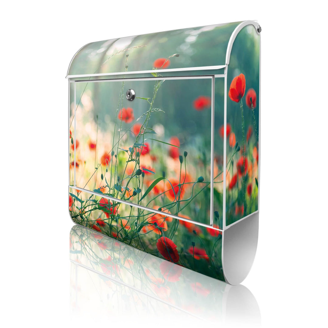 banjado® Design Briefkasten mit Motiv Waldmohn 39x47x14cm &amp; 2 Schlüssel - Briefkasten Stahl weiss mi