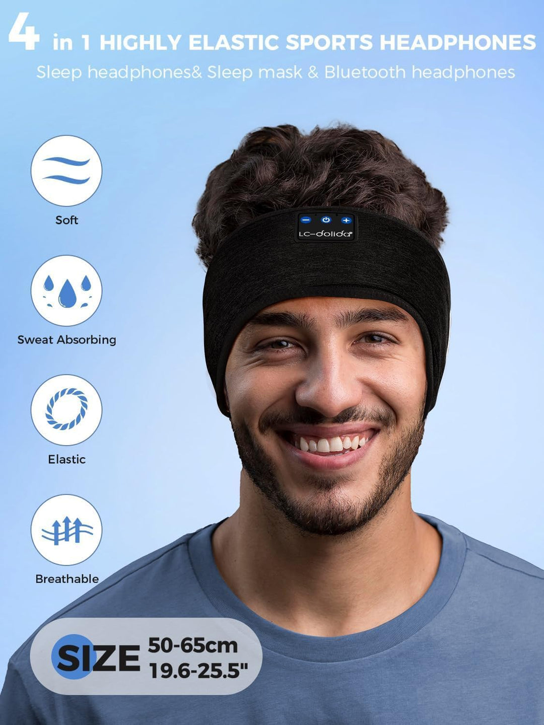 LC-dolida Schlafkopfhörer Bluetooth 5.4, Schlaf Stirnband Kopfhörer Headband Schlafmaske, Sportskopf