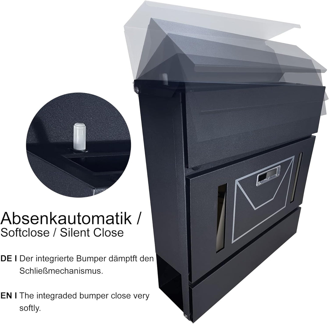 TÄGA 2220B Briefkasten anthrazit mit Zeitungsfach, Sichtfenster, Namensschild I DIN A4 Einwurf I ver