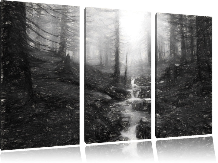 Pixxprint Bach im Wald Kunst / 3-Teilig/Gesamtmass 120cm Leinwandbild bespannt auf Holzrahmen/Wandbi