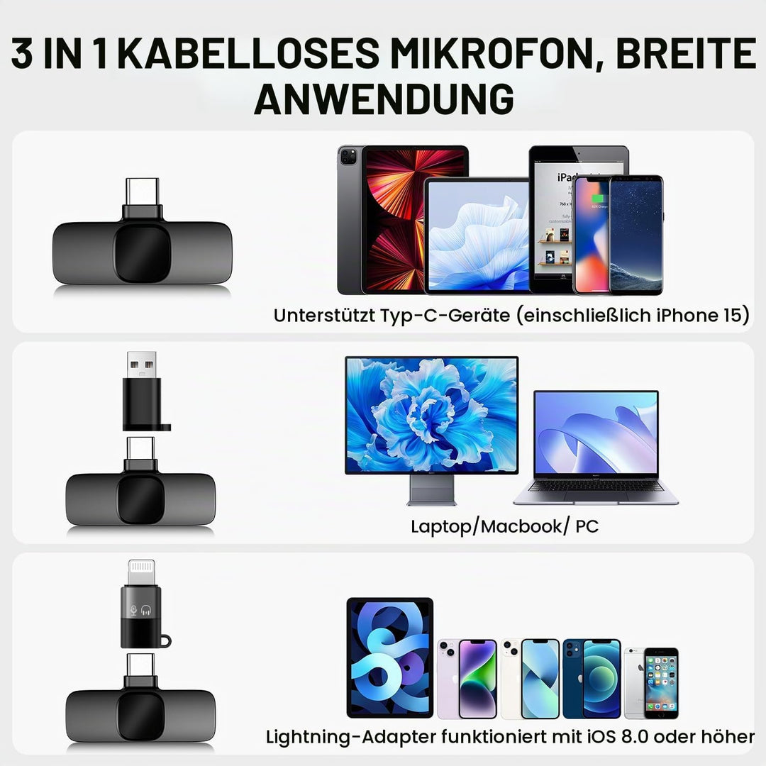 kabelloses Ansteckmikrofon mit Vier Aufnahmemodi für Handy, iPhone, Android und PC – Mini-Mikrofon,