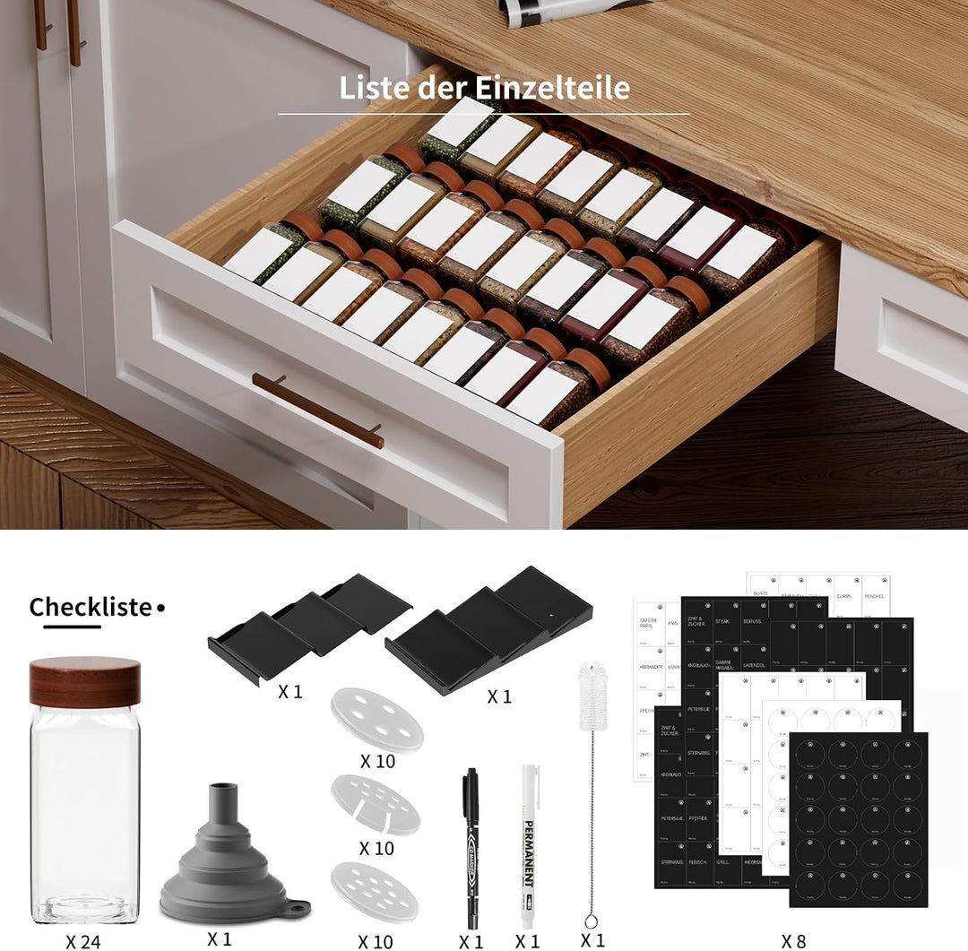 Miorkly Gewürzgläser Eckig Holzdeckel mit Regal [24 x 120ml] - Gewürzregal mit Gewürzdosen Set [Pass